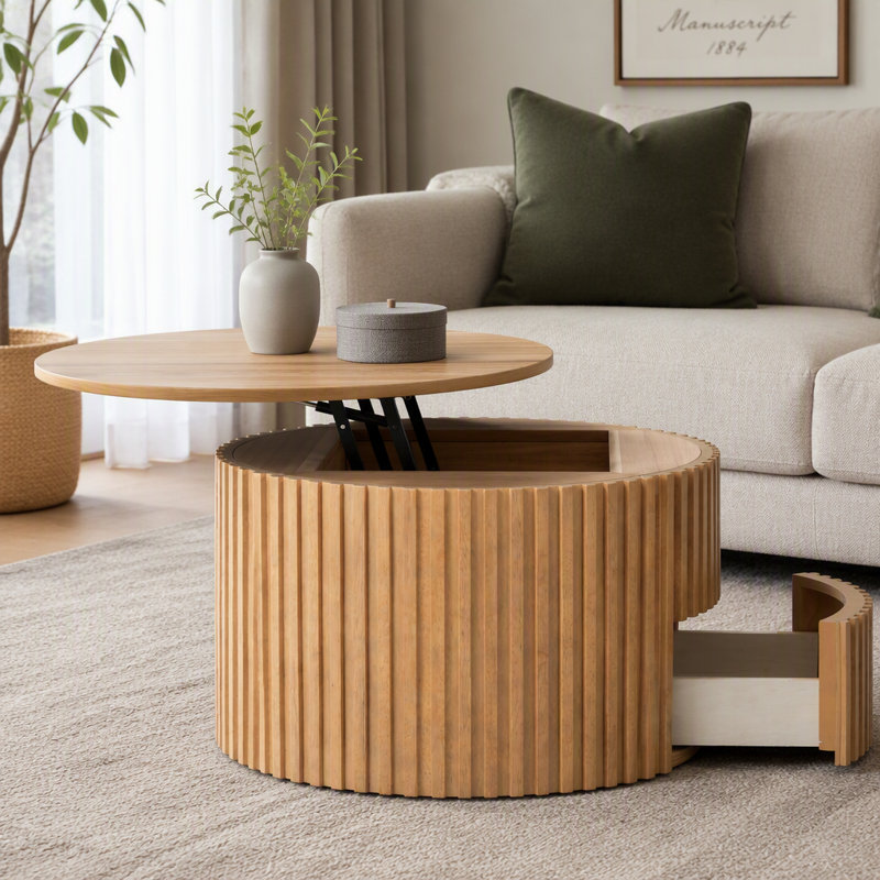 Table basse ronde à plateau relevable, table d'appoint moderne en bois cannelé avec rangement caché pour le salon