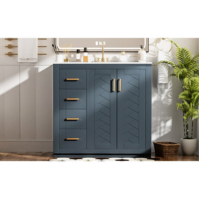 36 - Inch, Bathroom Vanity, Ceramic Sink , Solid Wood Frame, , 3 Drawers, Soft Closing Doors, Ample Storage, Retro Style, Exquisite Metal Handles, Smooth Drawer Slide, Easy Assembly Job 36'' Vanity