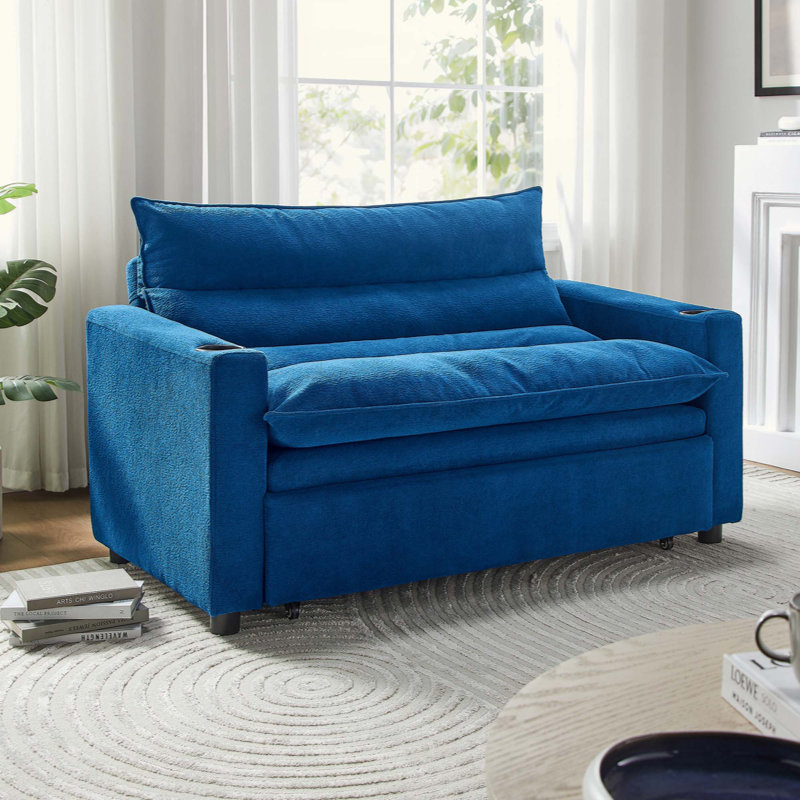 3-in-1 Convertible Velvet Sofa Bed, Pull-Out Sleeper Couch with Adjustable Backrest, Loveseat Chaise Lounge with Cup Holder, Sturdy Steel Frame for Living Room & Small Spaces