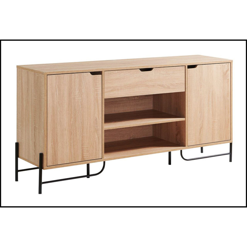 Light Brown Oak Buffet with Black Metal Legs and Shelves