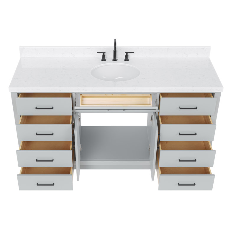 Thornaby 66'' Solid Wood Single Bathroom Vanity with 1.5'' Carrara Quartz Top, Gray, Oval