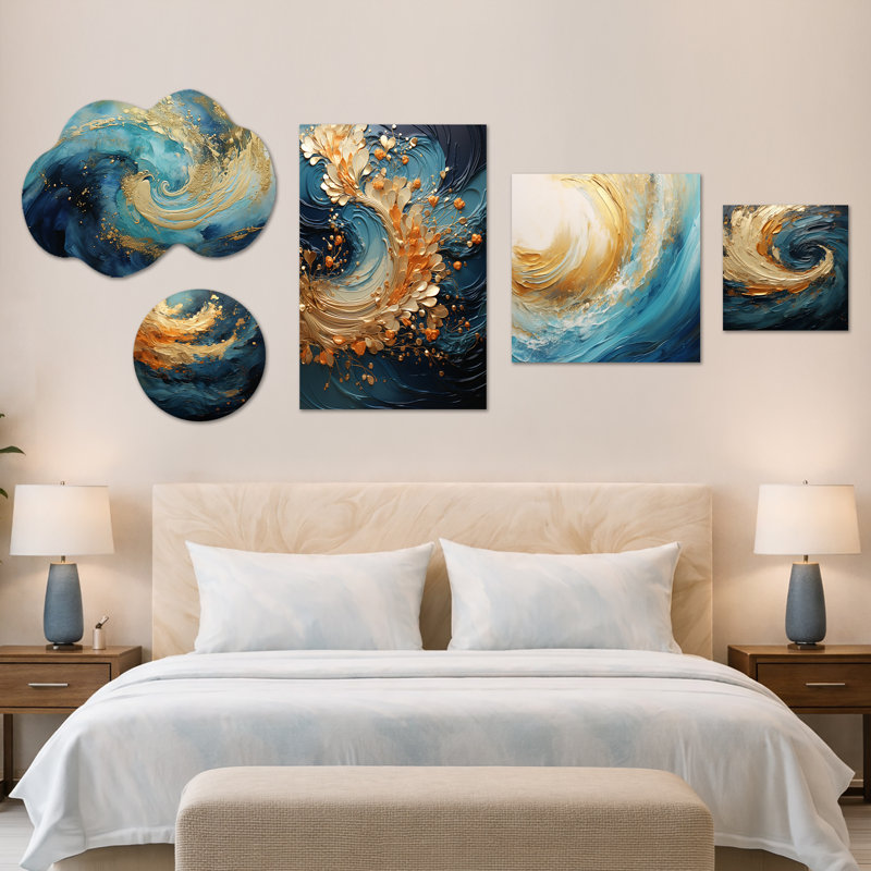 Golden Sapphire Surge I - ensemble de 5 grandes décorations murales abstraites, toile et métal (100 po x 40 po)