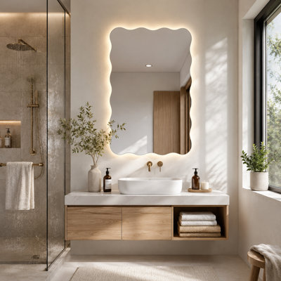 Scalloped Wavy Led Backlit Bathroom Mirror With Anti-fog, 3 Color Temperature Dimmable Light, Frameless Tempered Glass Vanity Mirror (vertical/horizontal, Plug-in/hardwired)