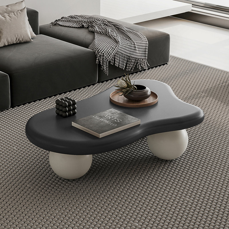 Table basse de 47 pouces en forme de nuage avec 3 pieds sphériques pour le salon, pieds noyer noirs, Noyer foncé, Noir