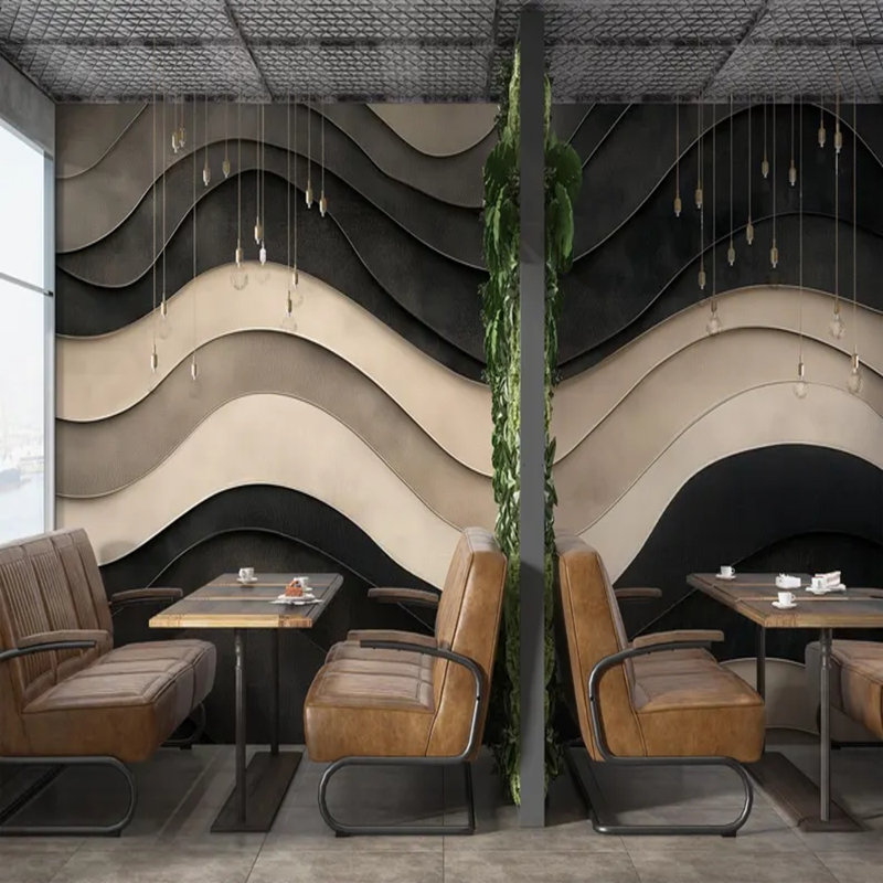 3D Black & Beige Layered Wave Wallpaper, 108" L x 96" W