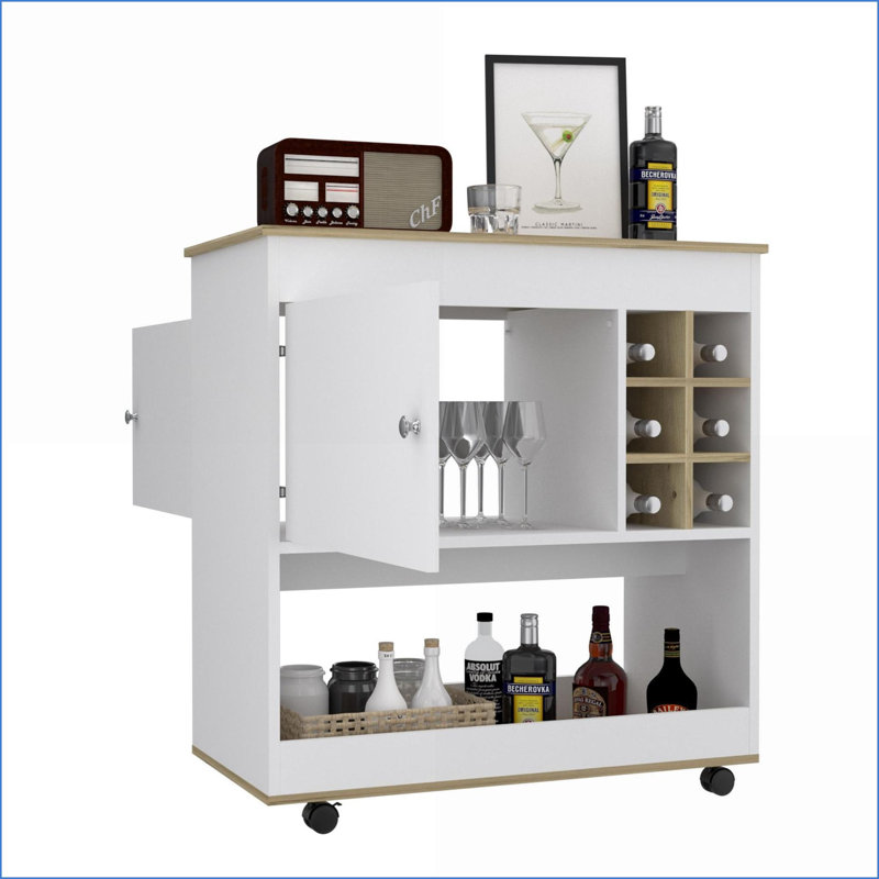 Chariot-bar avec 6 casiers à bouteilles, armoire et amp; Roulettes, finition chêne clair / blanc cassé | Chêne clair | Panneau de particules