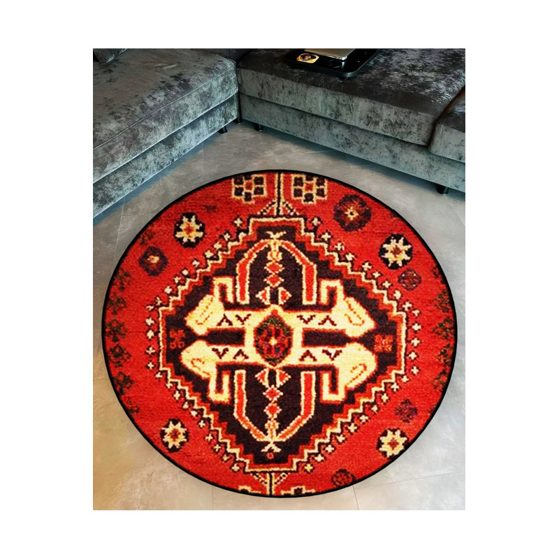 Orange Beige Themed Ethnic Motif Traditional Patterned Round Woven Base Vintage Decorative Carpet, Round 5'