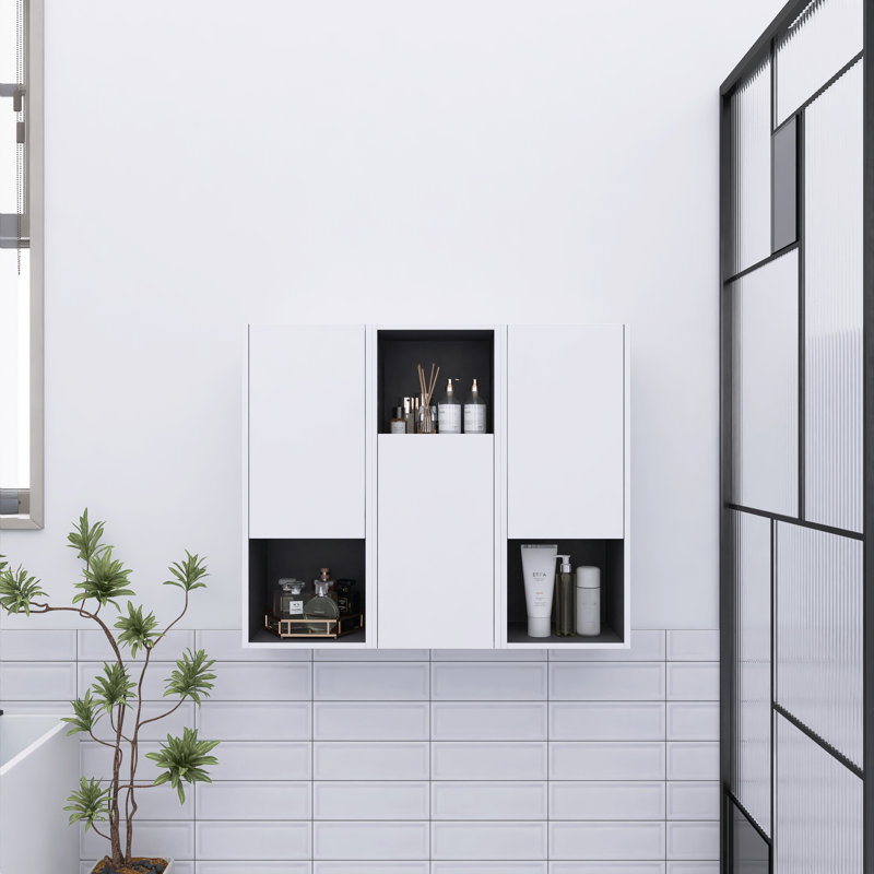 Bathroom Side Cabinet X3, 3-Soft Close Doors, Float Mounting Design, White