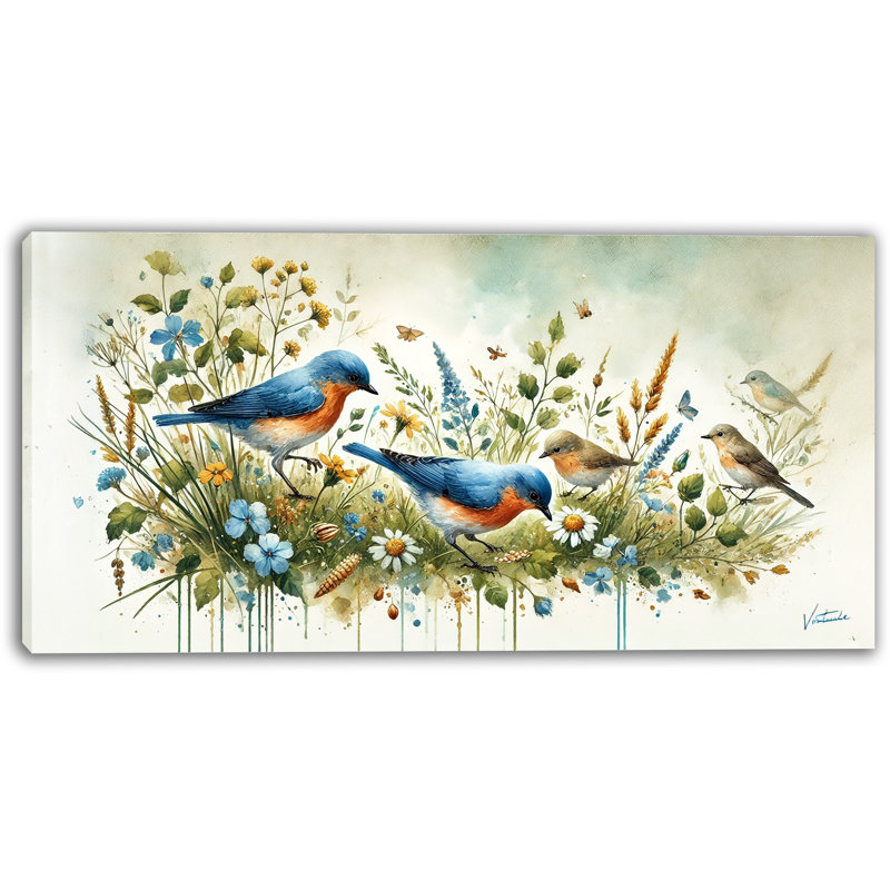 Meadow Serenade: scène panoramique d'un oiseau bleu, H 24 po x l 40 po