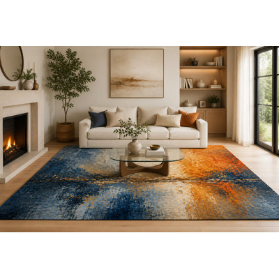 6'7" x 9'10" Navy Blue, Orange and Beige Bold Color Field Area Rug for Living Room, Soft Low Pile with Non-Slip Backing, Bedroom, Dining Area and Office Decor