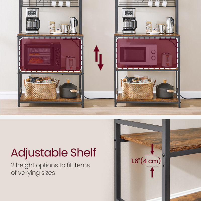 Kitchen Storage Rack with Power Outlet, Rustic Brown/Black