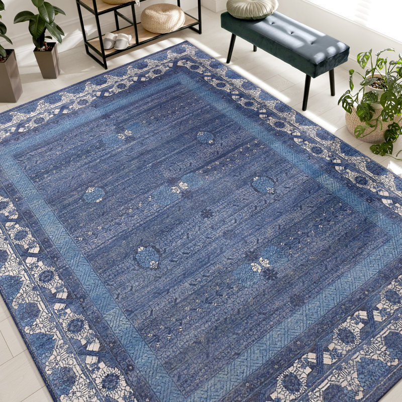 Tapis bleu / ivoire de haute qualité noué à la main, Rectangle 8 pi x 10 pi