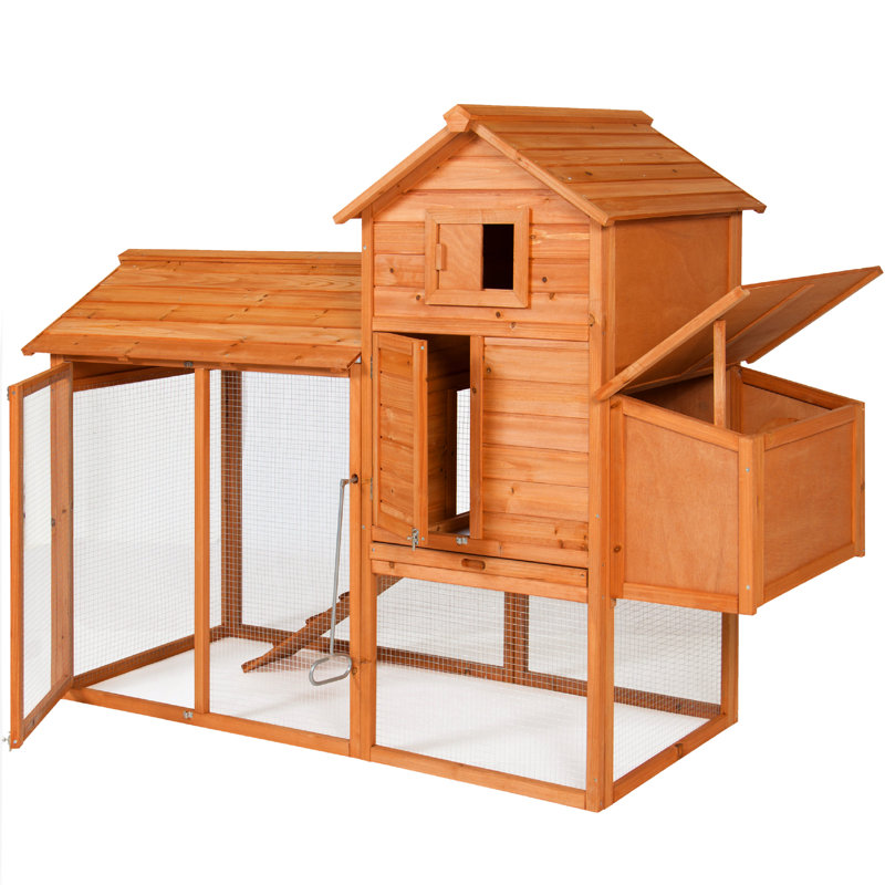 80in Natural Fir Wood Multi-Level Chicken Coop with Wire Fence