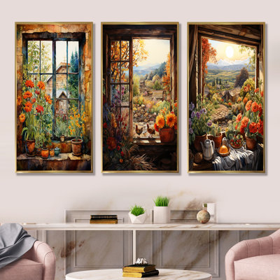 «Brown Farmhouse Window Blooms In Summer I», ensemble de 3 reproductions d'art mural