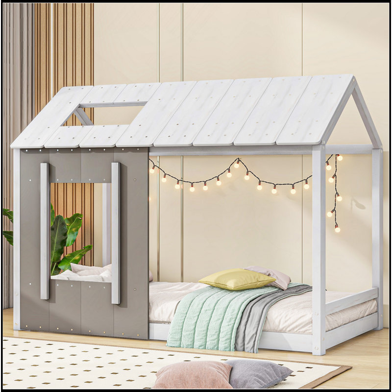 Plateforme pour lit simple avec toit et fenêtre, Blanc / Gris
