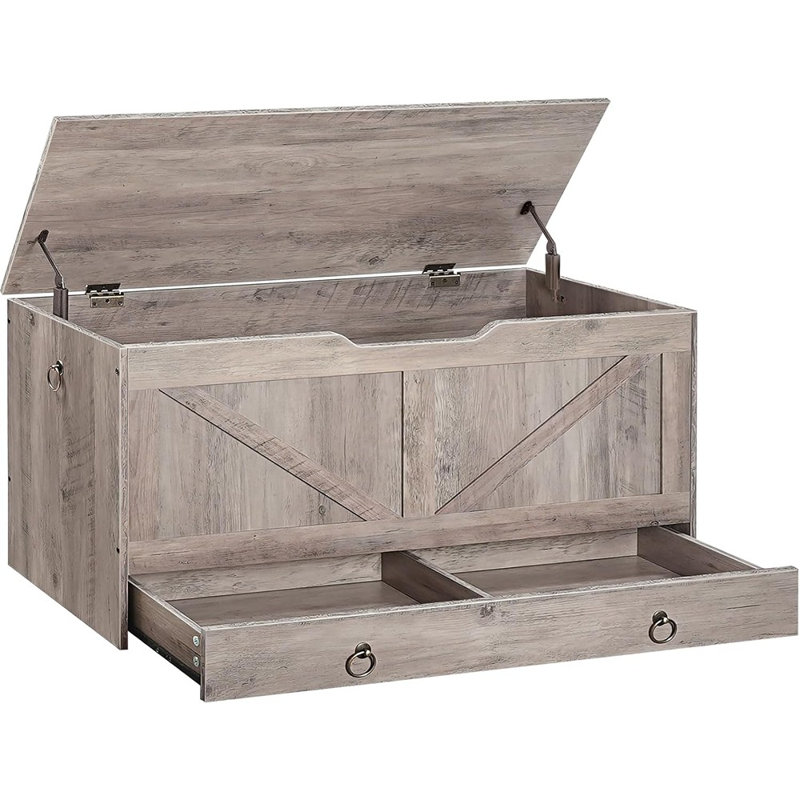 Coffre de rangement, coffre à jouets de 39,3 po avec tiroir, banc de rangement en bois, support de banc d'entrée robuste de 220 lb, charnière de sécurité, ouverture en forme de U, assemblage facile, Greige BG710CW01G1