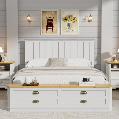 Farmhouse Queen Size Storage Platform Bed with Flip-Top Storage Bench Headboard, Rustic Wood Bed Frame with Drawers & No Box Spring Needed