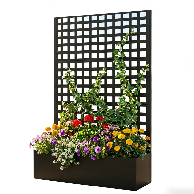 Metal Planter Box with Trellis, Galvanized Steel Raised Garden Bed with Drainage Holes for Climbing Plants, Black