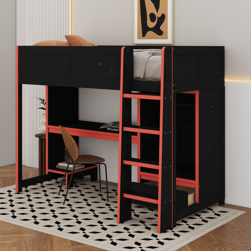 Lit mezzanine simple en bois avec bureau intégré, garde-robe, DEL et tiroir, Lit simple