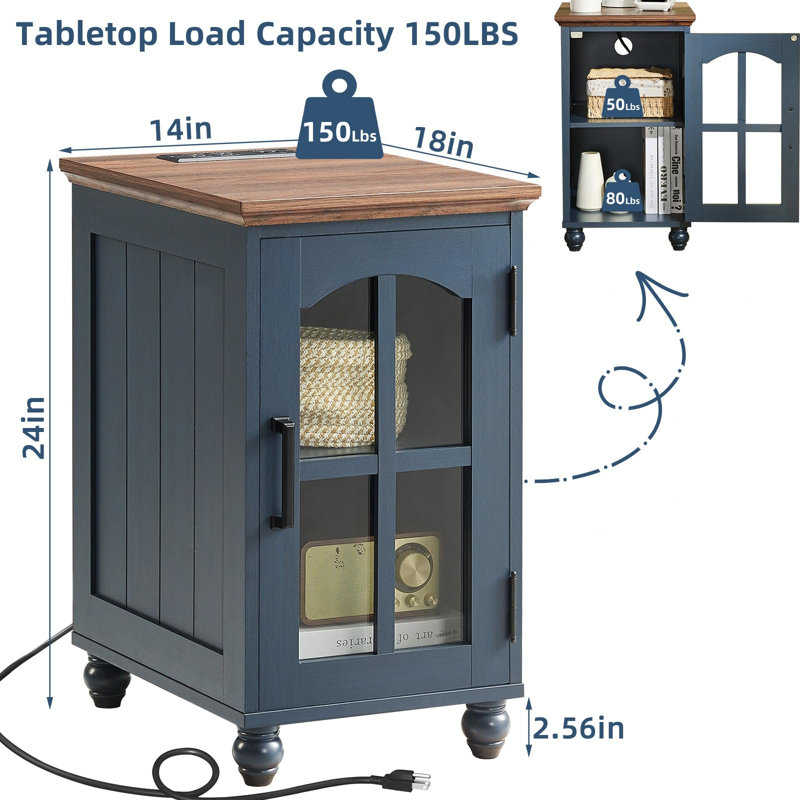 Ensemble de tables de bout 3 pièces avec station de charge, tables d'appoint en bois avec porte de grange en verre et tablettes réglables pour la chambre à coucher et le salon