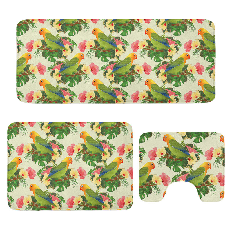  Hibiscus Bathroom Rug Set 3 Pieces U-Shape & Rectangle Mats Multicolor