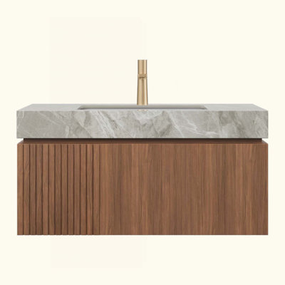 Meuble-lavabo suspendu avec comptoir en pierre frittée, lavabo en céramique, armoire de rangement en contreplaqué avec tiroir et porte, meuble-lavabo mural préassemblé