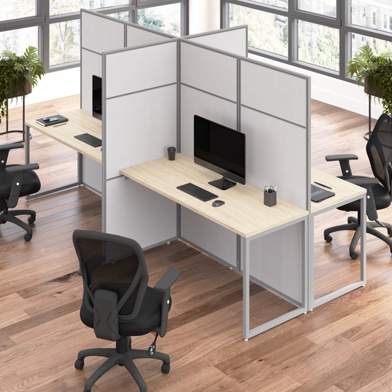 Rectangle 4 Person Cubicle with Cable Management, Natural Elm
