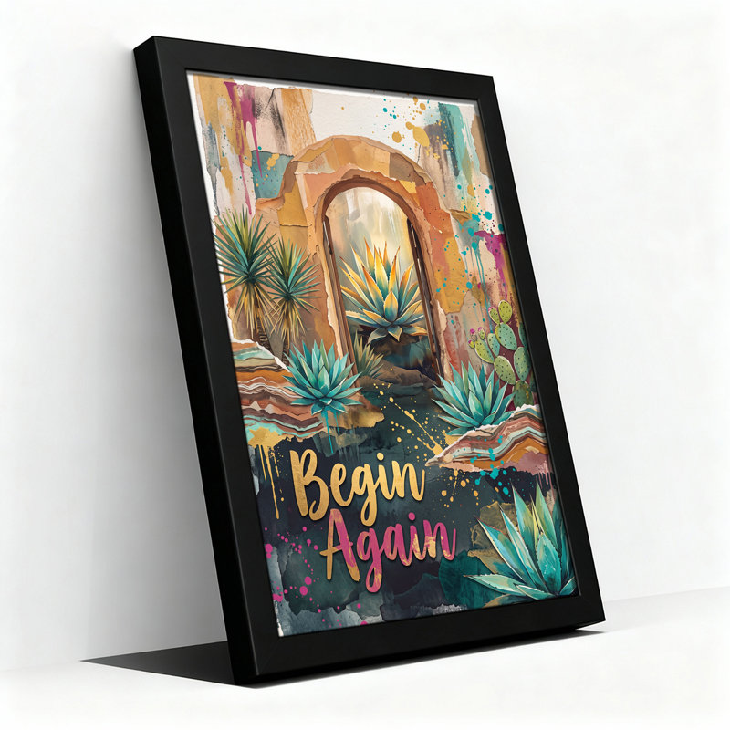 Art mural toile sarcelle agave cactus en pierre avec écriture rose or, H 18 po x l 12 po