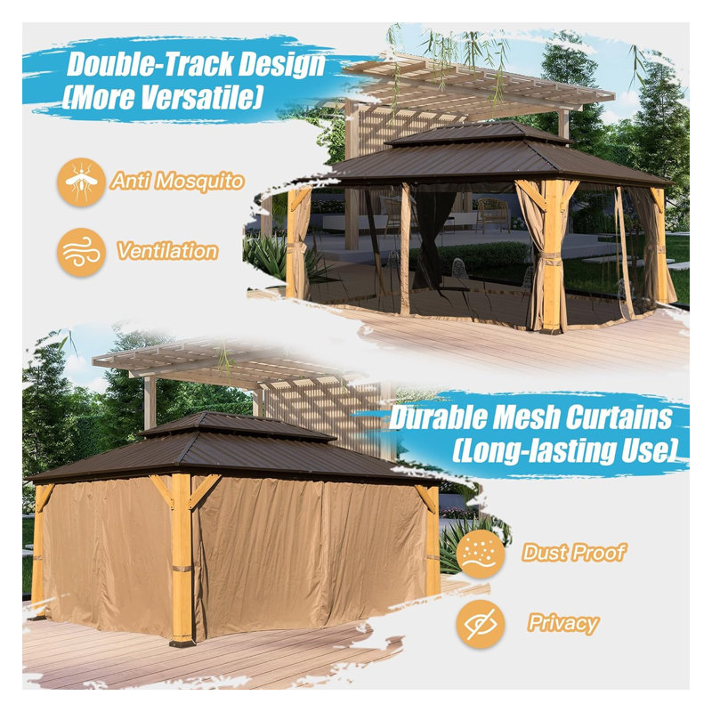 12x16 FT Cedar Wood Hardtop Gazebo with Galvanized Steel Double Roof, Outdoor Pavilion with Netting & Curtains for Patio, Backyard, Deck