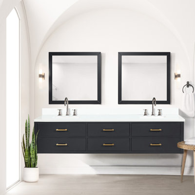 Meuble-lavabo double noir 84 po X 22 po avec comptoir en quartz blanc et robinet - Armoire en bois massif à fermeture en douceur dans la teinte noire 84 po et 22 po avec charnières remplies opaques