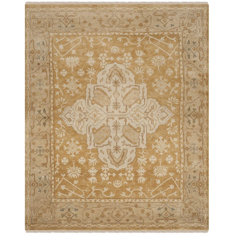 Ajeataz Oriental Hand-Knotted Wool Gold/Brown Area Rug, Rectangle 9' x 12'