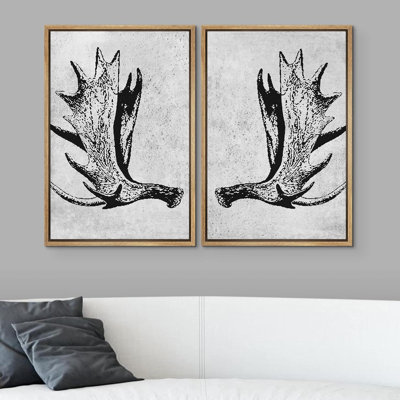 Formes abstraites de bois de cerf orignal noir et blanc, art moderne, décoration murale minimaliste, nordique, 2 pièces