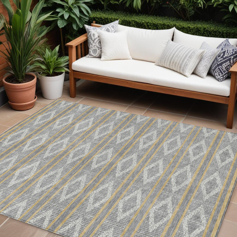 Tapis extérieur lavable à motif géométrique ivoire et brun 8 pi x 10 pi