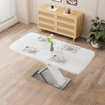 Square Dining Table, Modern Look, White With Steel Base, Stretchable, 220 Lbs Bearing Top And Easy To Clean Assemble
