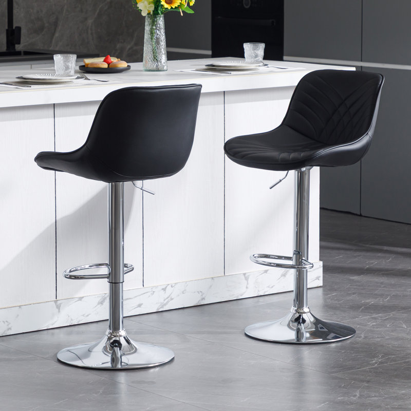 Adjustable Faux Leather Bar Stools with Base for Kitchen Island and Bar, Black, Silver
