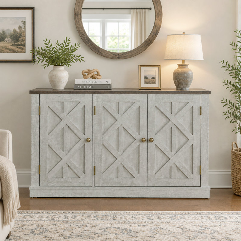 Barboza Farmhouse TV Stand for TVs up to 55", Rustic Media Console with 3 Cabinets , Saw Cut-off White