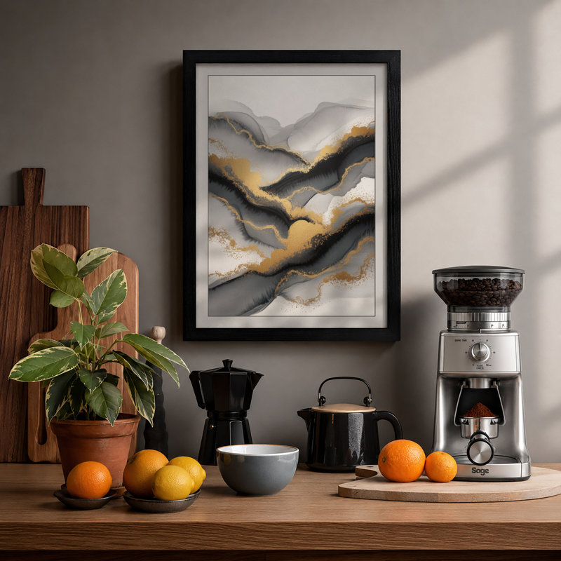 Flowing Waves in Gold Minimalist - Framed Print, A2 - 59.4 x 42.0 cm, Black