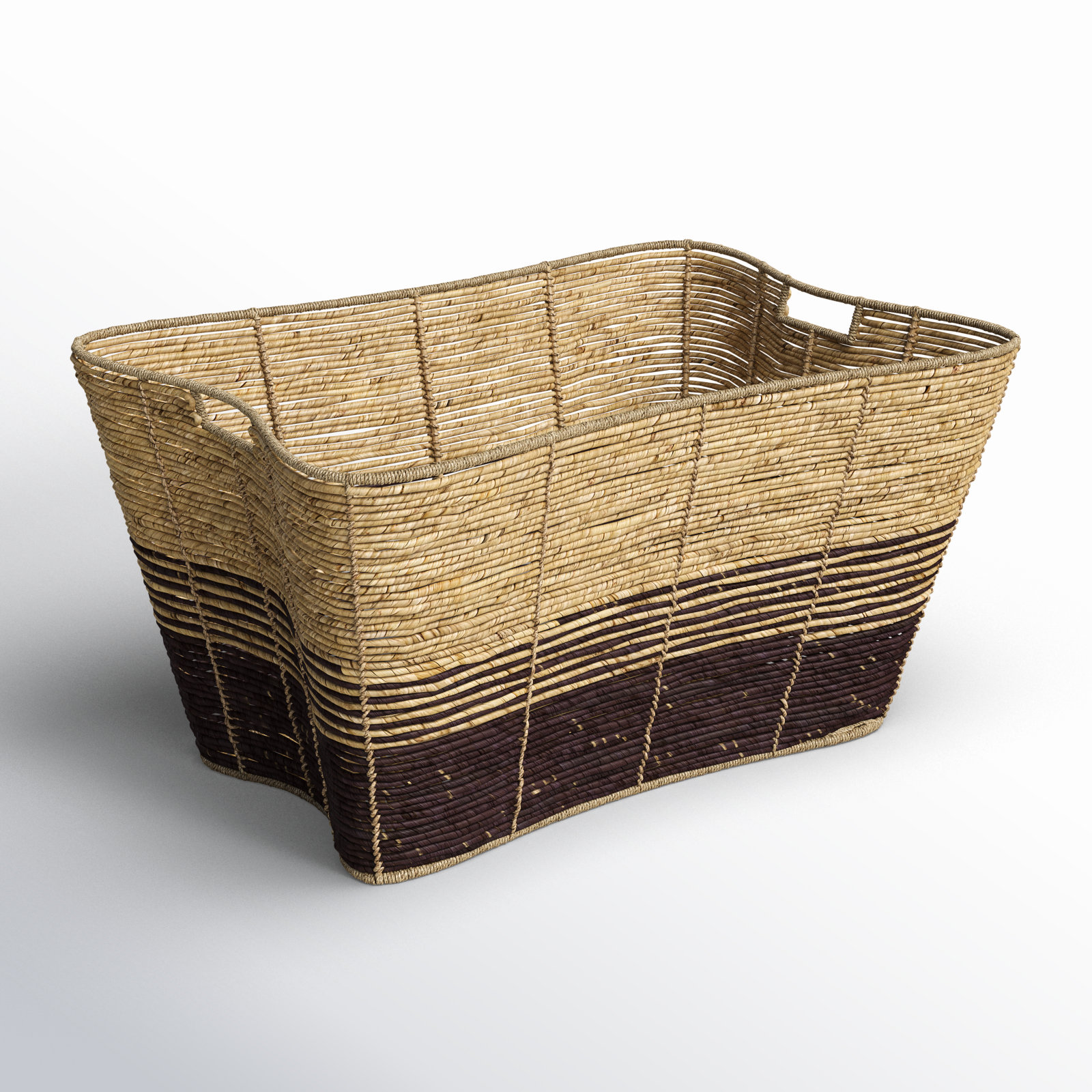 Ebony Seagrass Handmade Wide Woven Rectangular Color Block Storage Basket With Slot Handles