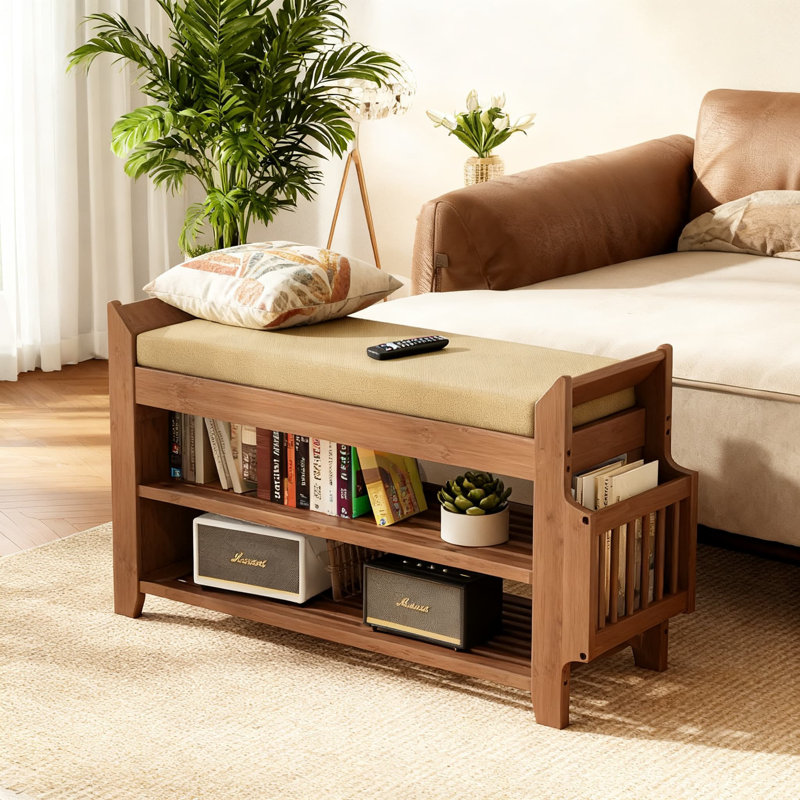 Banc de rangement multifonctionnel avec tiroir et porte-revues, banc à chaussures rembourré pour le salon et la chambre à coucher