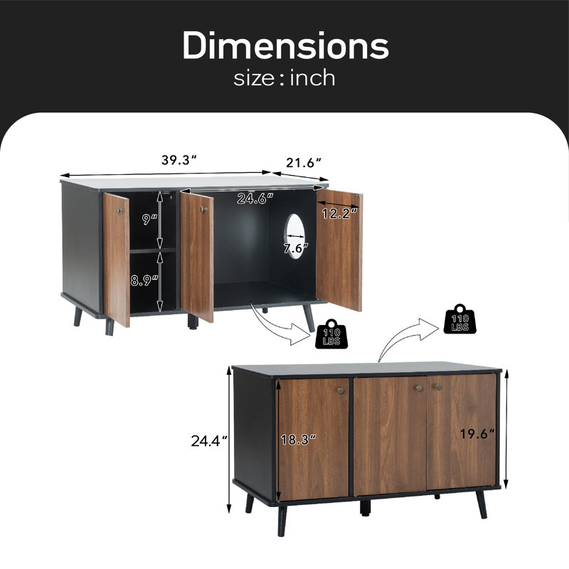 Table d'appoint pour chat avec 3 portes et salle de rangement pour chat, Noir / noyer