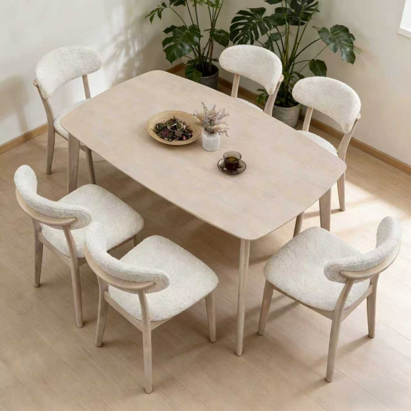  Ensemble de table de salle à manger 7 pièces en bois avec chaises rembourrées, blanc délavé, Blanc délavé