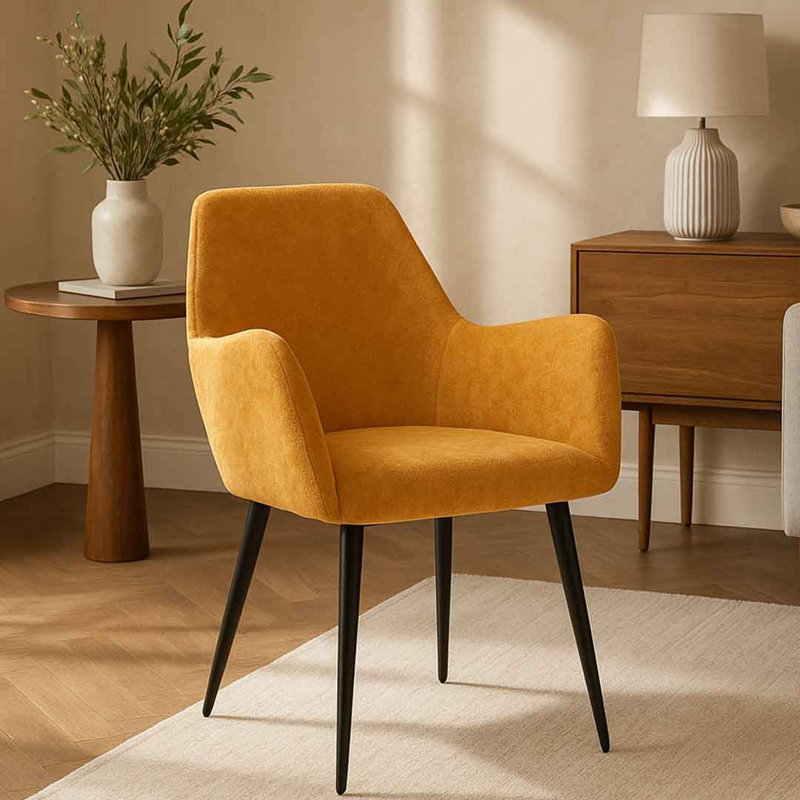 Berlin Modern Upholstered Dining Chair with Black Metal Legs, Yellow