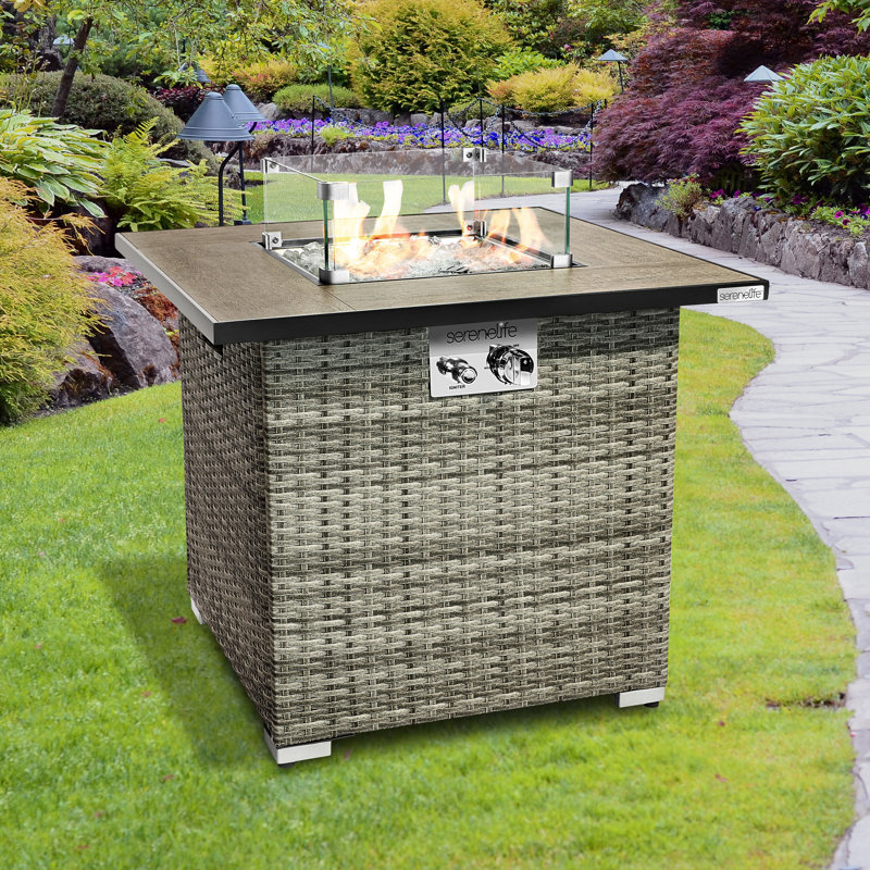 Outdoor Propane Fire Pit Table, Weatherproof Square Wicker Propane Gas Fire Table w/Tile Tabletop