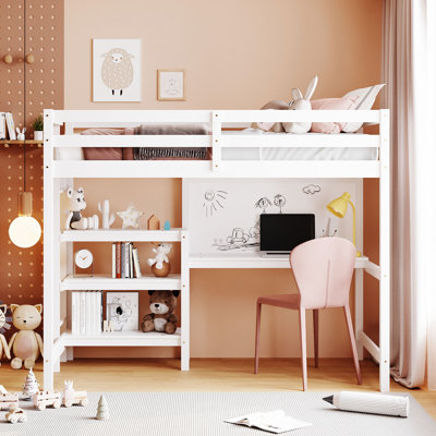 Twin Size Wooden Loft Bed with Built-In Desk, Shelves & Writing Board, White