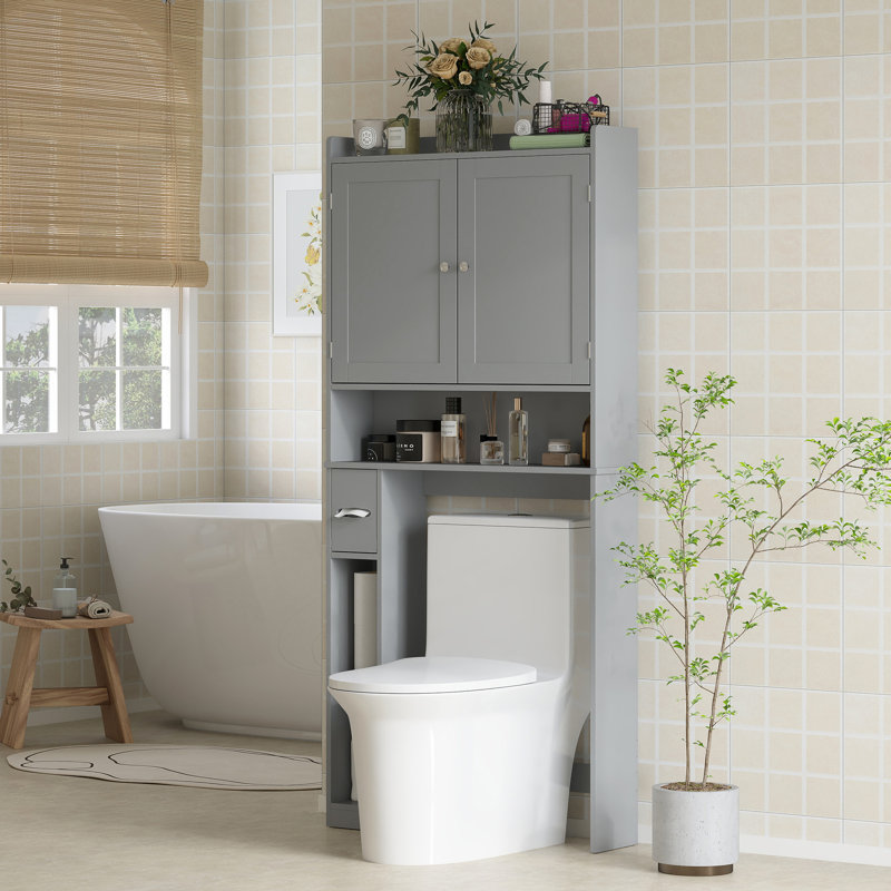 Modern Over The Toilet Storage Cabinet With 2 Doors, Above Commode Storage Cabinet With Toilet Paper Holder, Gray, Gray