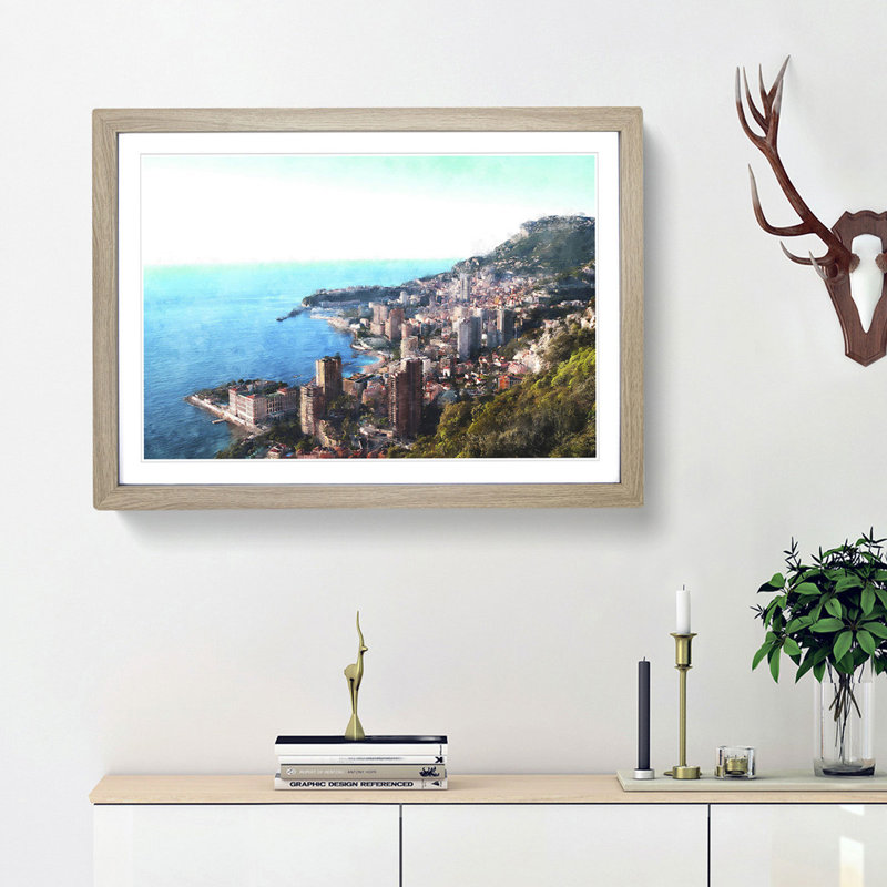 Skyline Of Monte Carlo In Monaco - Single Picture Frame Painting on MDF, 33cm H x 45cm W x 2cm D, Oak Framed