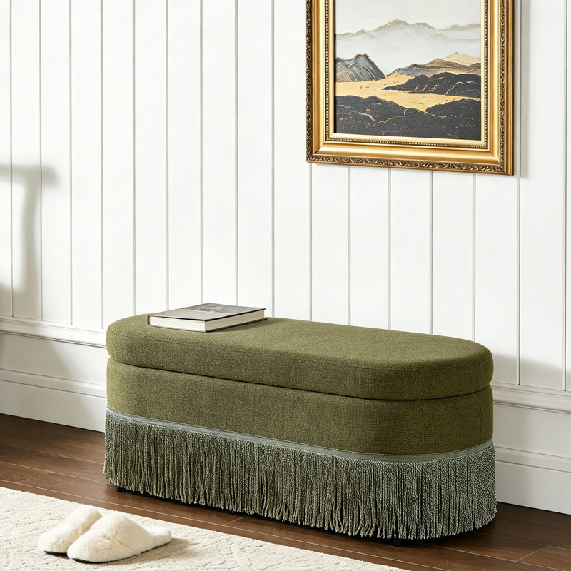 Banc de rangement ovale rembourré à franges, Vert