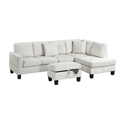 3 Sectional In Beige Corduroy For Casual Living Spaces, Including Chaise, , Storage , And Pillows Living, With Square Arms