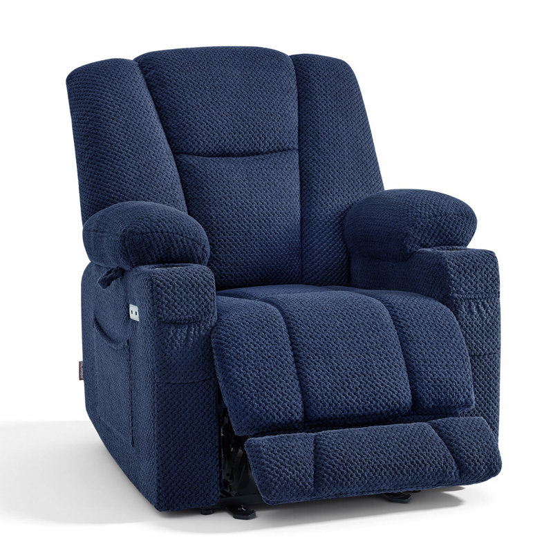 Fauteuil inclinable électrique en tissu avec chaleur et massage, ports de charge USB, repose-pieds allongé, Marine