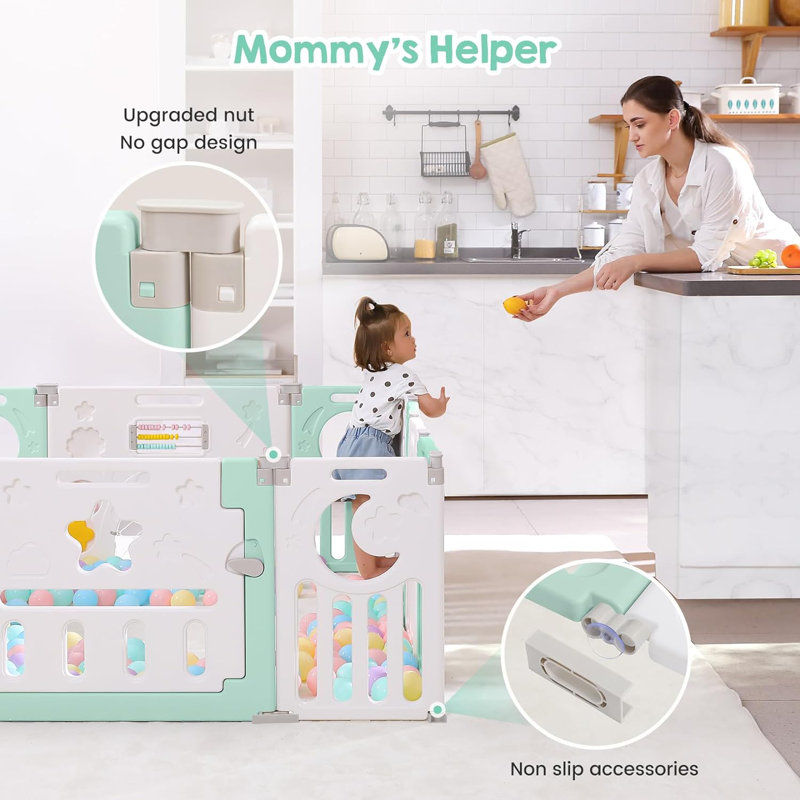 Safe Foldable No - Gaps Baby Playpen for Exploration, 24" H x 60" W x 60" D, Green/White